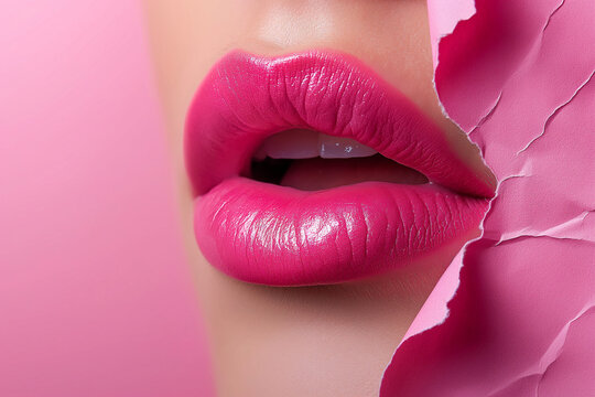 Close-Up of Luscious Lips in Vibrant Pink Shade Through Torn Paper, Pink Allure