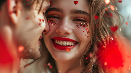 beautiful smiling girl and young man with heart-shaped confetti on they cheeks and red lipstick on girl. concept - holiday makeup, valentine's day couple - obrazy, fototapety, plakaty