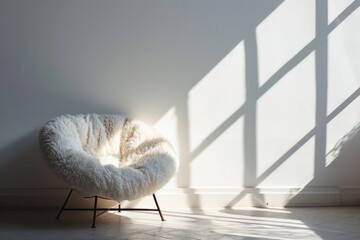 A cozy, fluffy armchair positioned beside a softly lit wall, inviting comfort and relaxation