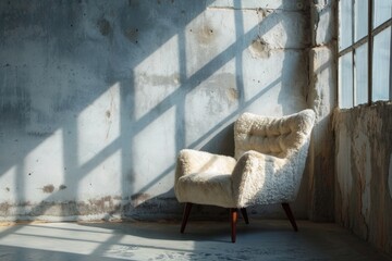 A comfortable, fluffy chair positioned beside a softly illuminated wall, promising relaxation and coziness