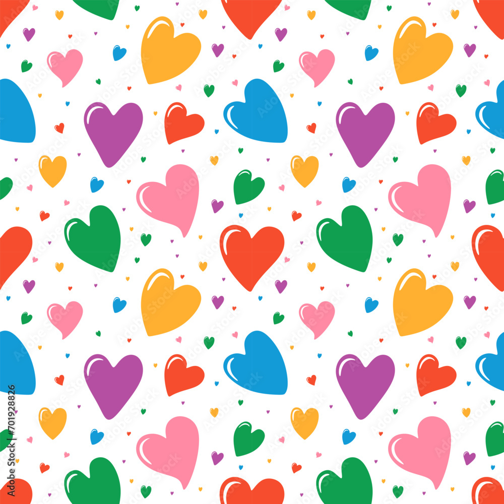 Poster seamless pattern with colorful hearts in multicolored and in different sizes. cute romantic hearts o
