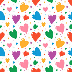 Seamless pattern with colorful hearts in multicolored and in different sizes. Cute romantic hearts on white background for textiles, wrapping, wallpapers. Happy valentine's day. Lovely texture. Vector