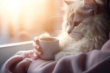A cozy fluffy cat and a cup of coffee in the arms of a girl wrapped in a blanket, looking out the window. Stock image for peaceful and comforting content. - obrazy, fototapety, plakaty