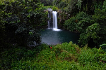 Aerial long exposure view of Minissy waterfall located in Mauritius island