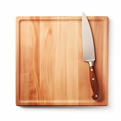 A top view of a sharp, stainless steel chef’s knife with a wooden handle, resting on a smooth, rectangular wooden cutting board. The image exudes a clean and professional kitchen atmosphere.