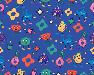 Seamless pattern with cute cartoon doodle dishes. Vector illustration.