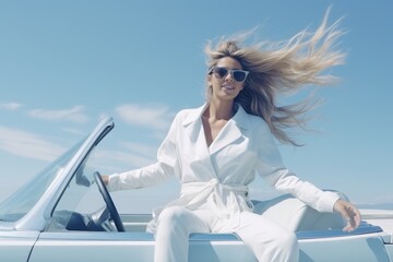 Happy young blonde girl driving white car model carefree woman vacation tourism travel trip fashionable female weekend cabriolet wind move hair confident businesswoman lady sunglasses lifestyle relax