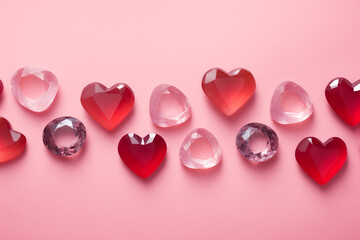 Crystal heart Valentine Day greeting card. Red pink sparkling gemstone ruby quartz garnet laying...