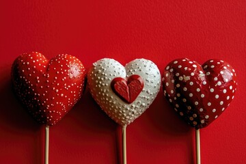 Symbolic Hearts: Four heart-shaped symbols on sticks, conveying a visual representation of love and affection, set against a bold red background
