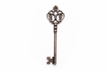 Old key , white background , isolated, top view