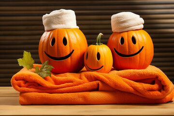 Two carved pumpkins enjoying a spa day, one with a towel wrap and the other with a facial mask.