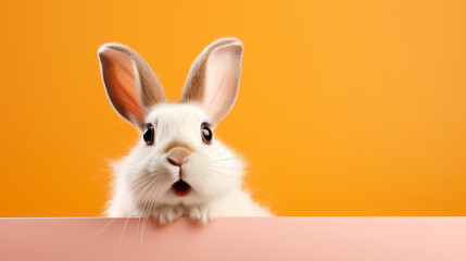 Fototapeta premium surprised white rabbit with big expressive eyes ,orange background 