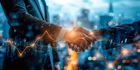 Foto op Canvas Successful business merger handshake with upward graphs symbolizing growth and teamwork in a corporate cityscape © Bartek