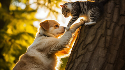 A dog assisting a cat to climb a tree by offering its back as a step.