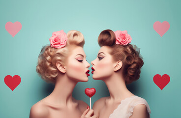 Women with retro hairstyle infront of blue backdroop with heart. Valentine's Day vibes. Image for poster retro-themed event or party. Lookbook photography, album cover. Banner with copy space. - obrazy, fototapety, plakaty