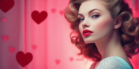 Woman with retro hairstyle infront of pink backdroop. Valentine's Day vibes. Image for poster...