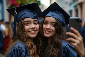 dos mujeres jovenes universitarias portando birrete y haciéndose un selfie el día de su graduación, sobre fondo desenfocado de una calle  - obrazy, fototapety, plakaty