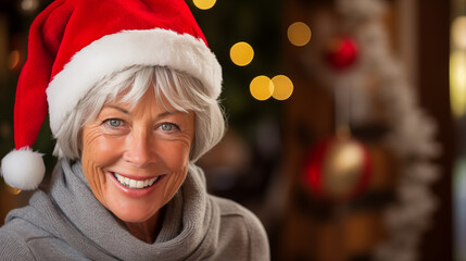 Woman in a cozy gray sweater, donning a Santa hat, radiates joy and festive spirit, eagerly awaiting the Christmas celebrations.