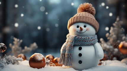 Lustiger Schneemann mit Mütze und Schal auf dem Hintergrund des Winterwaldes