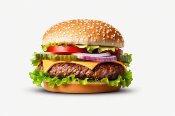 Classic cheeseburger with beef, cheese, bacon, tomato, onion and lettuce isolated on white background.