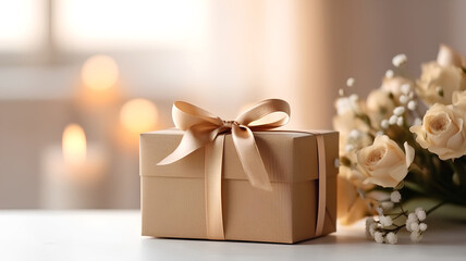 Fototapeta na wymiar Simple Cardstock Gift Box with Ribbon and Roses.