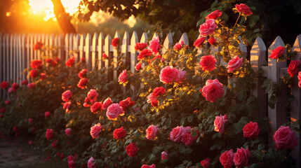 The view of red roses bushes and a fence in sunny rays. - obrazy, fototapety, plakaty