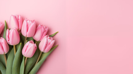 Delicate pink tulip on a pink background. Space for text or design.