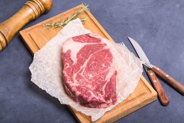 Raw steak on serving desk
