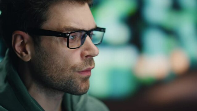 Man programer looking computer making system data research at workplace closeup