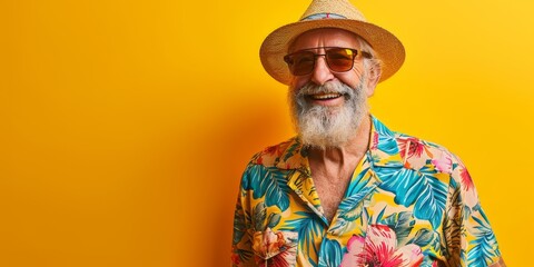 Portrait of crazy funny funky old bearded man with eyeglasses eyewear point at copyspace recommend sales discounts wear hawaiian shirt isolated over yellow background.