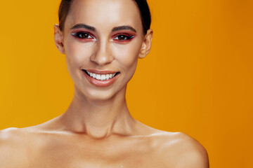 Girl woman skin model face color make-up smile eye fashion beauty studio portrait close-up