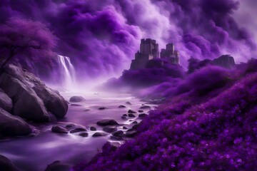 purple waterfall and forest