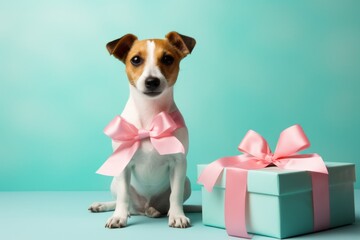 Merry Christmas Happy New Year. Portrait cute adorable Jack Russell Terrier dog puppy doggy pet wearing pink ribbon bow present gift box celebrating anniversary postcard greeting mint green background