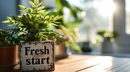 A 'Fresh start' sign stands beside a thriving green plant, symbolizing new beginnings and growth in a bright, airy space.