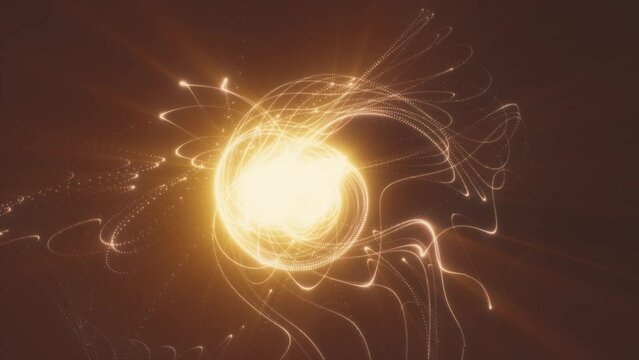 Dynamic rotation of an abstract figure, quick animation of a sphere where waves and particles are scattered in all directions
