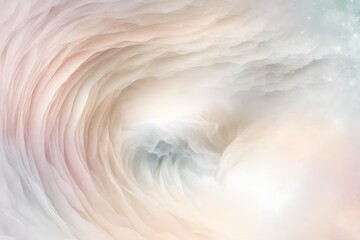 Soft pearl-white background with a mist of pastel-colored dust