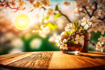 sunny wooden table with spring blossoms