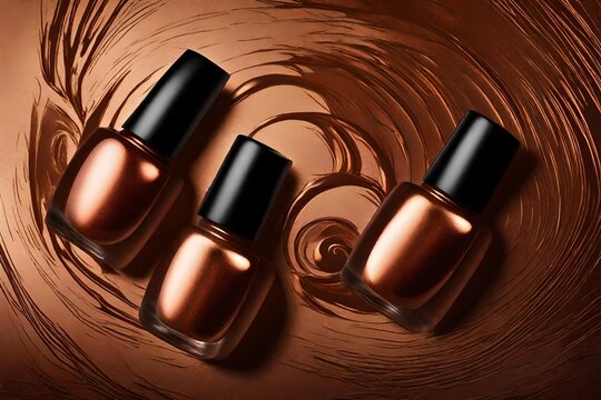 A metallic copper nail paint against a warm, earthy-toned background 