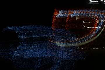 Random trajectories of light. Digital chaos. Chaotic beams of light. Digital flow illustration....