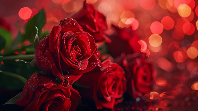 Romantic bouquet of red roses on bokeh background, Valentine's Day, Anniversary, Wedding