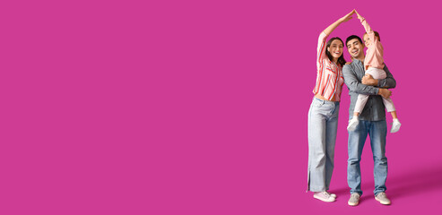 Happy family dreaming about their new house on purple background with space for text