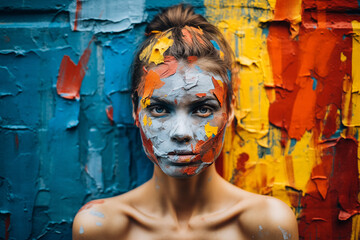 Sensual woman with face covered in gouache, matching painted wall.