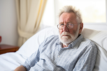 Sick elderly man with glasses and beard laying in bed.
