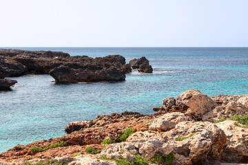 Limestone cliffs along the coast in the southwest of the Spanish island of Menorca.
