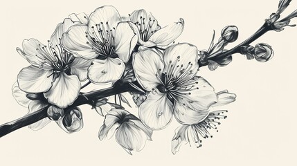 Cherry blossom branch in black and white. Vector illustration.