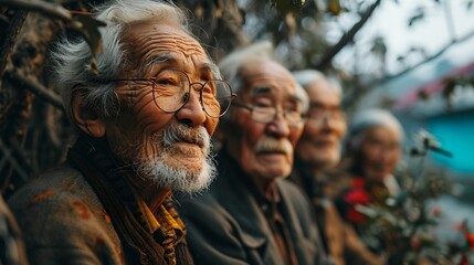 a group of older people standing next to each other - obrazy, fototapety, plakaty