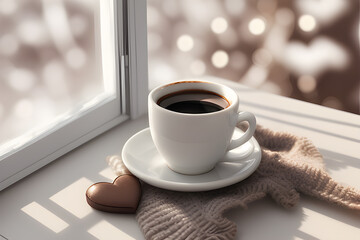 a cup of coffee on the table on a winter weekend morning - obrazy, fototapety, plakaty