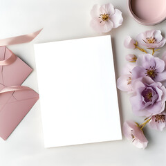 Blank note paper mockup with pink flowers roses peonies and ribbon