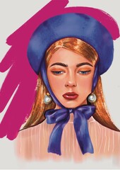 a girl with blond hair in a hat; girl with earrings; mixed media