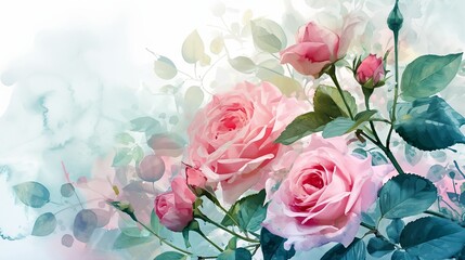 a painting of pink roses with green leaves